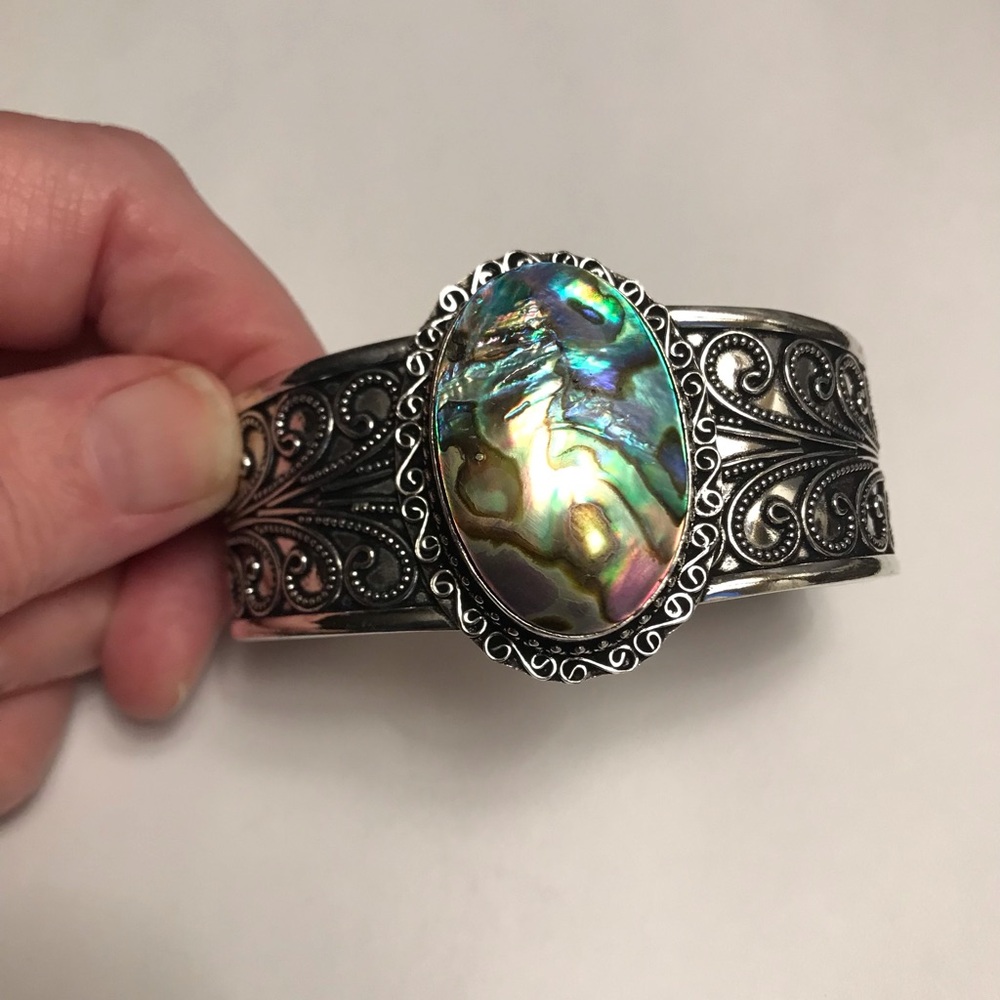 Abalone Stamped 925 Sterling Silver Cuff Bracelet